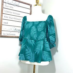 Gibsonlook Botanical Print Top Smocked Upper Peplum Lower 1/2 Puffy Sleeves XL